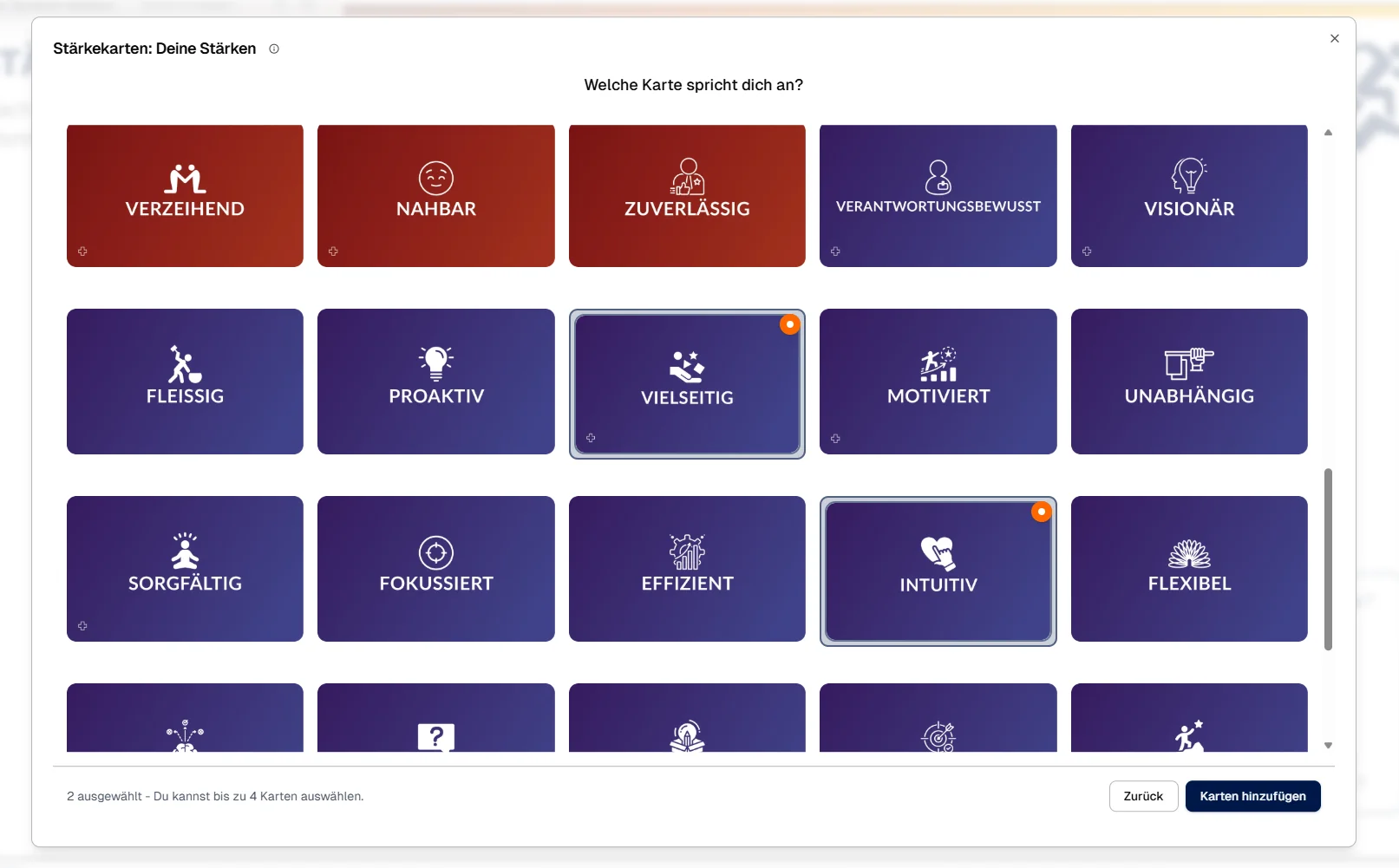 Klient stöbert und wählt Stärken