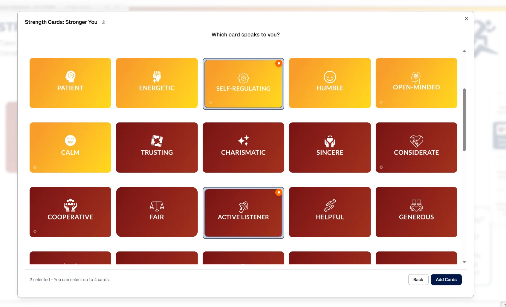 Client browses and selects strengths