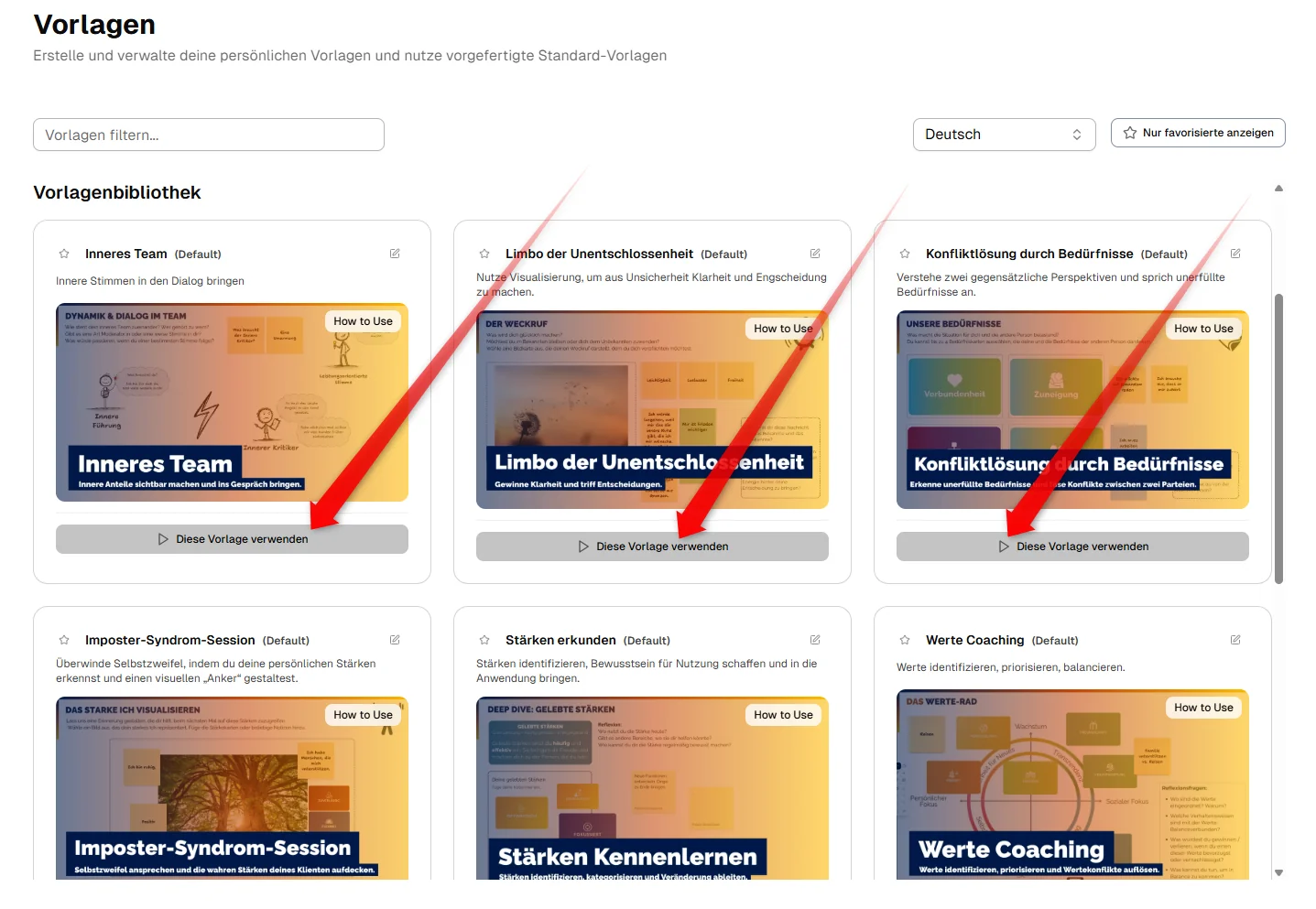 Eine neue Session mit Vorlage starten